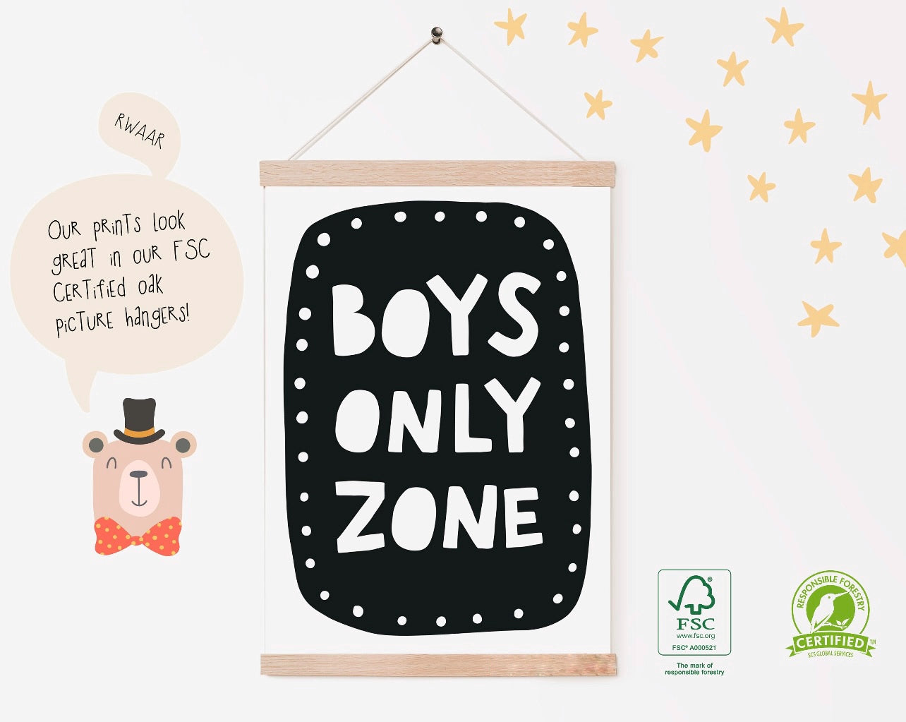 Boys Only Zone Scandinavian Style Kids Wall Art Print Decor
